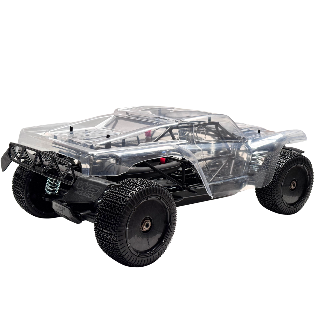 Clear remote control car chassis on a white background