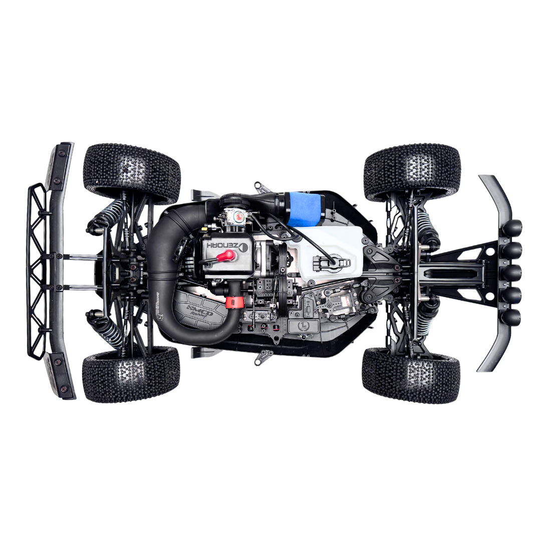 Top-down view of a model car chassis with visible engine and components on a white background