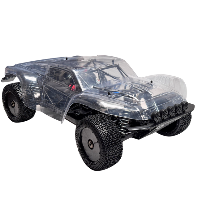 Clear off-road RC car with black tires on a white background