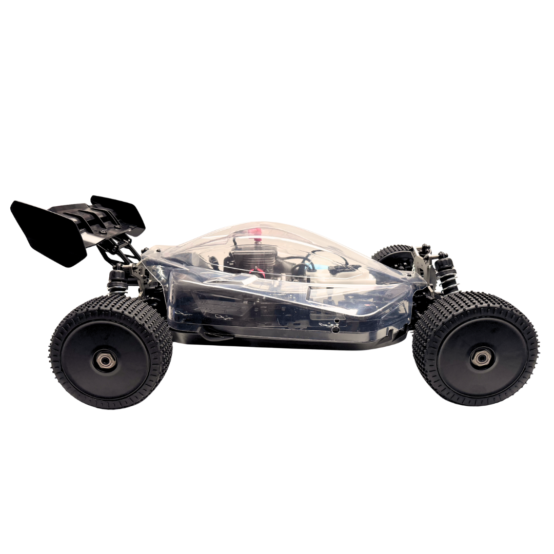 Small remote control car with large wheels on a white background