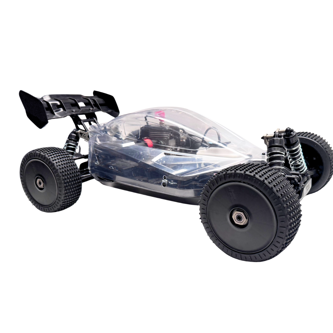 Model of a remote control car chassis on a white background