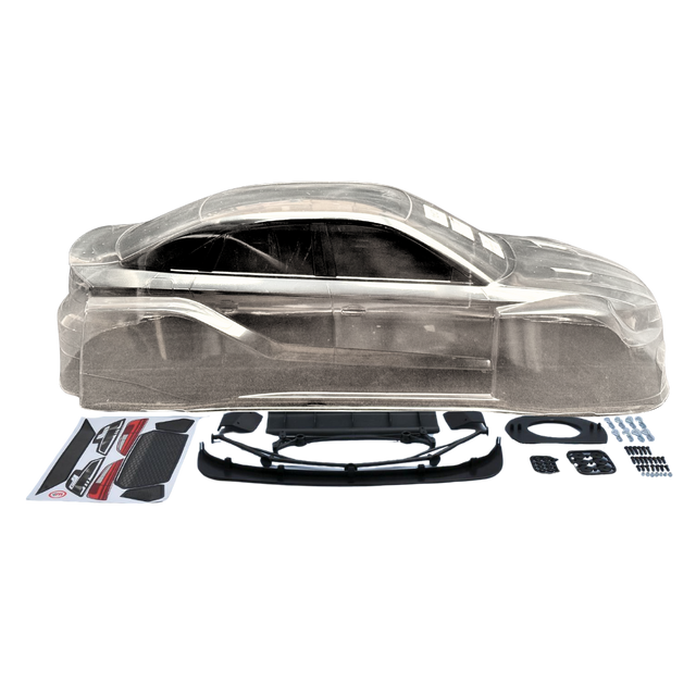 Clear plastic car body shell with black parts and accessories on a white background
