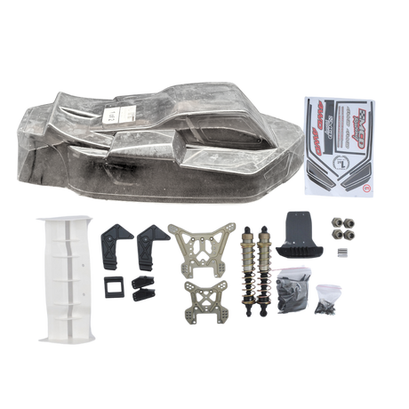 Collection of RC car parts including a body shell, suspension components, and a box on a white background.