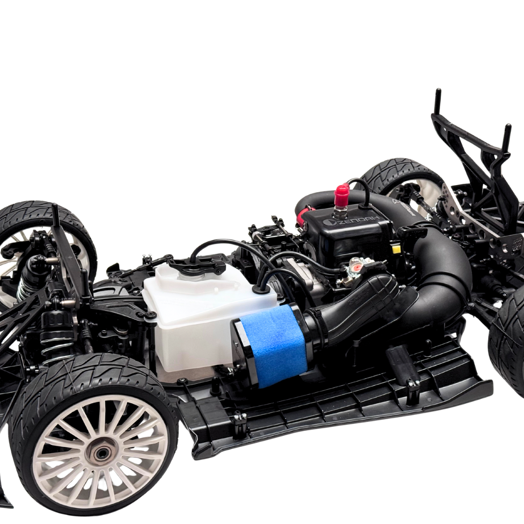 Car chassis with engine and components on a white background