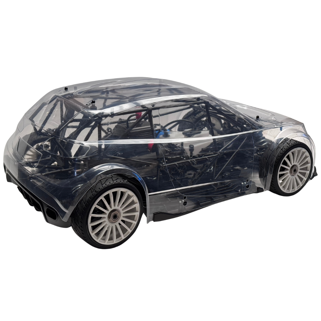 Car body shell with transparent plastic wrap on a white background