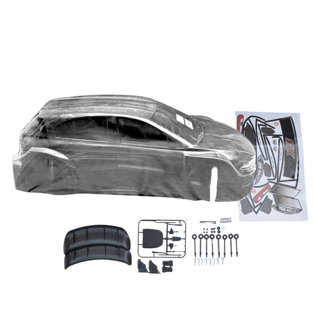 Car body kit with tools and decals on a white background