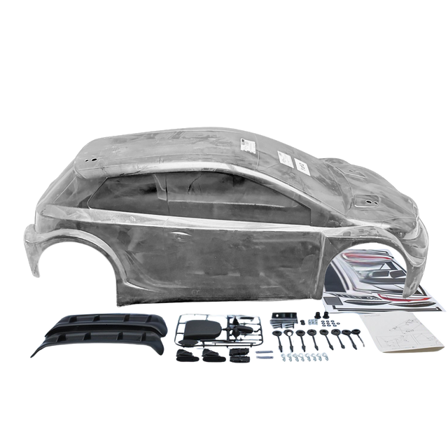 Car body kit with various components on a white background