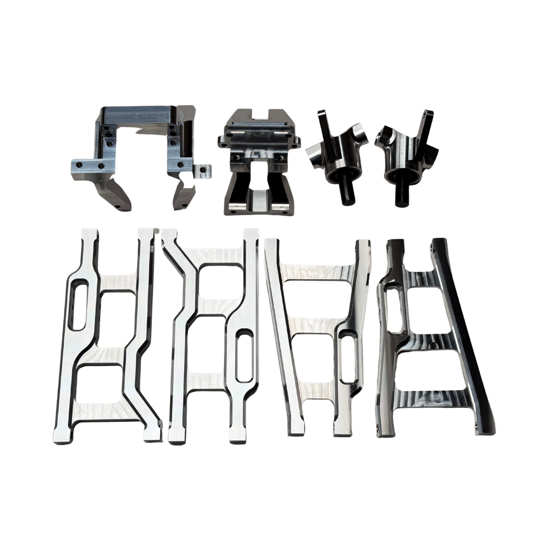 Outlaw V4 Billet Hybrid Slider kit version billet suspension arms, hubs and mounts in raw silver aluminium