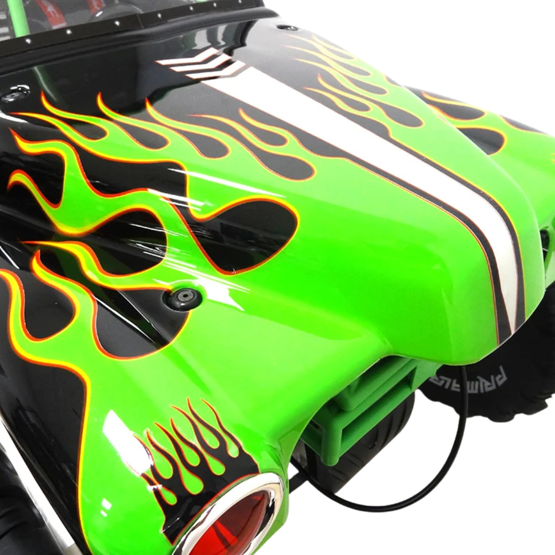 Close-up of a green monster truck with flame design on a white background