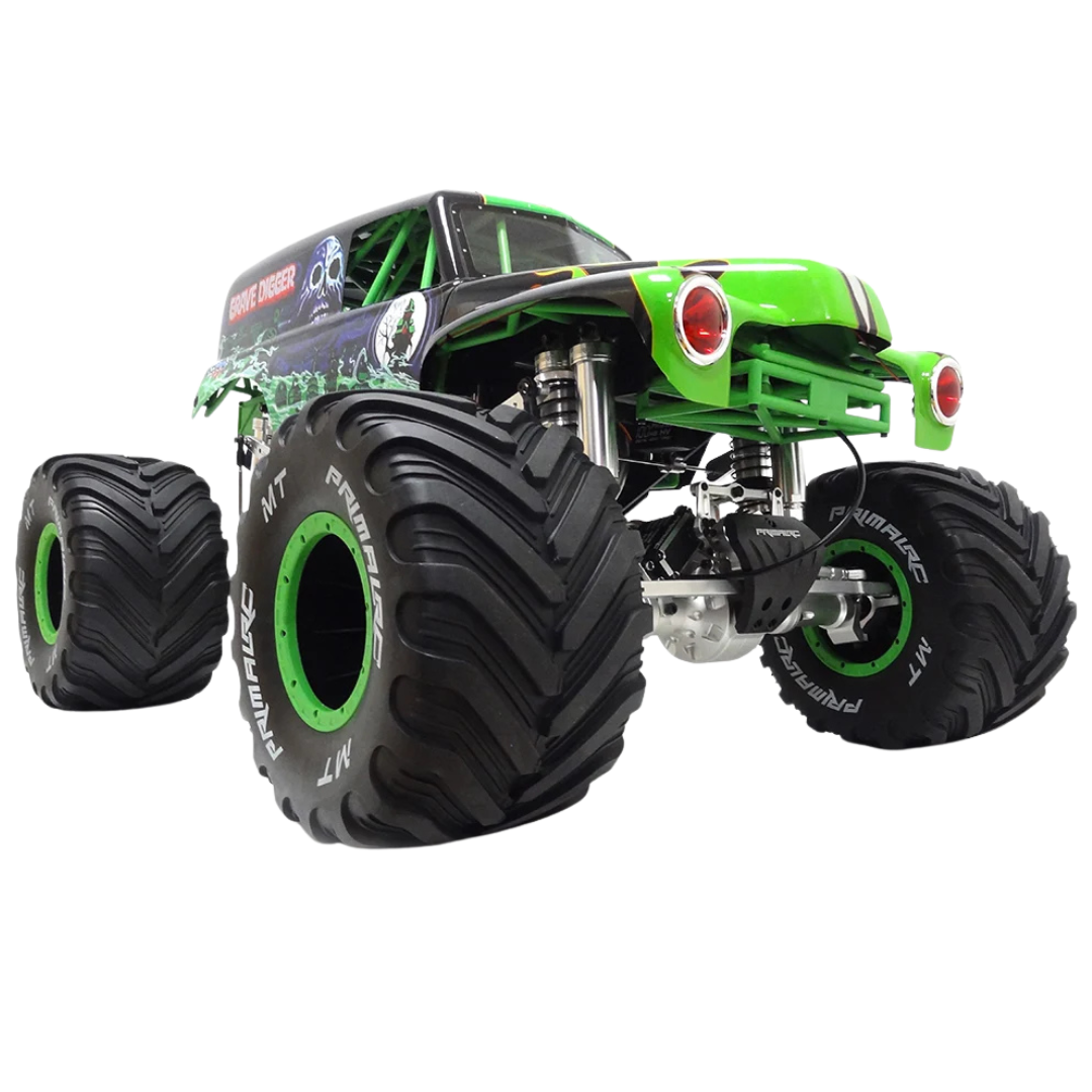 Green monster truck with large black tires on a white background
