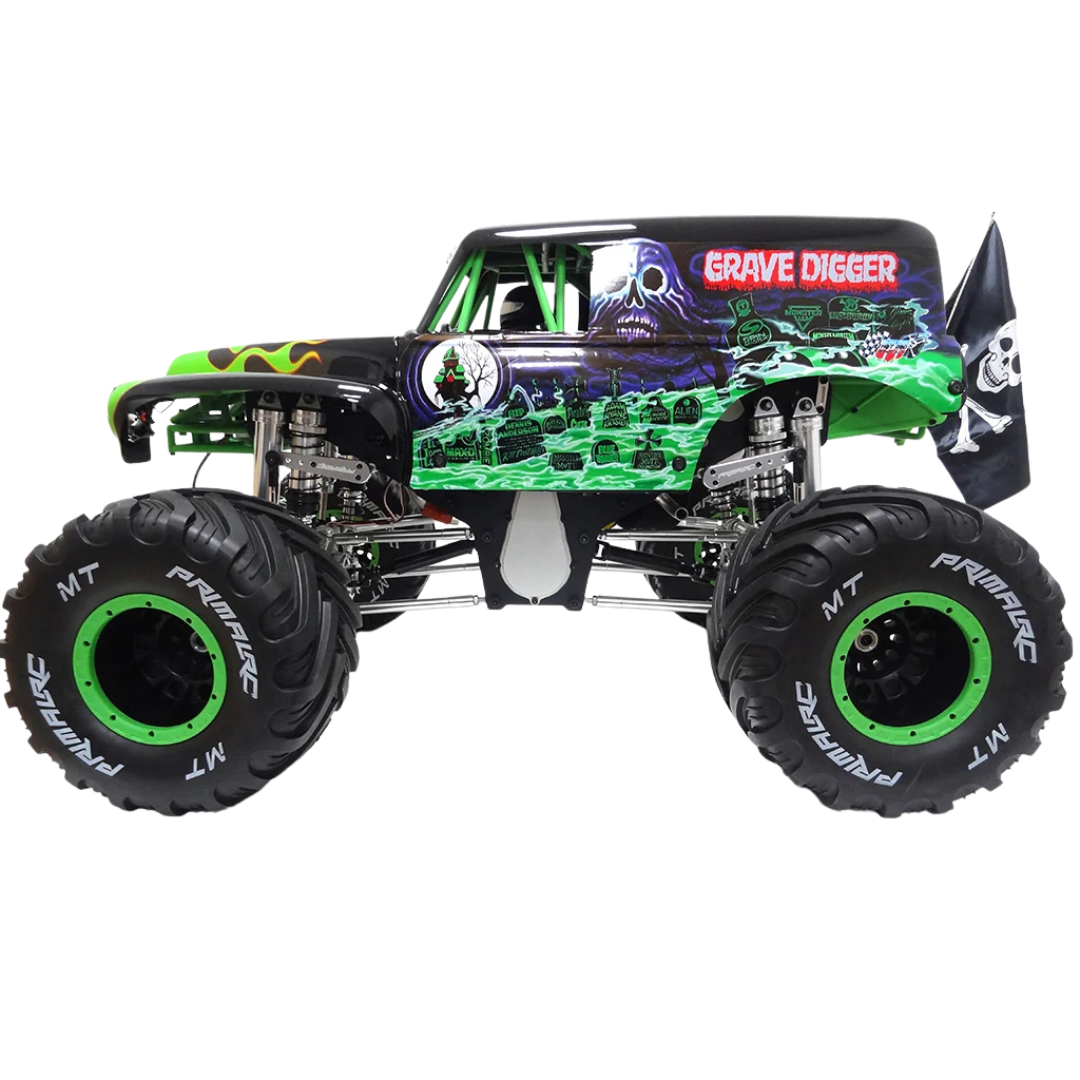 Toy monster truck with 'Grave Digger' branding on a white background