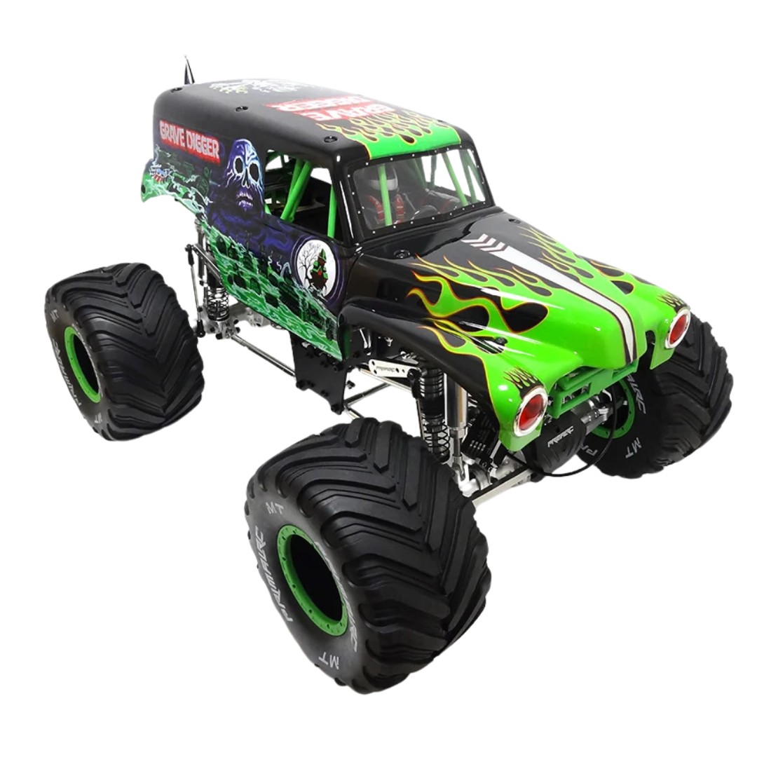 Green and black monster truck model on a white background