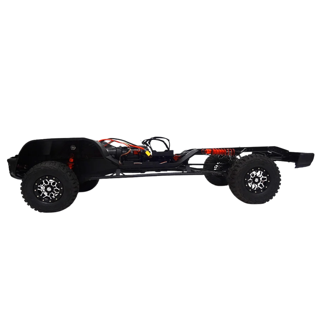 Black off-road vehicle chassis with large wheels on a white background