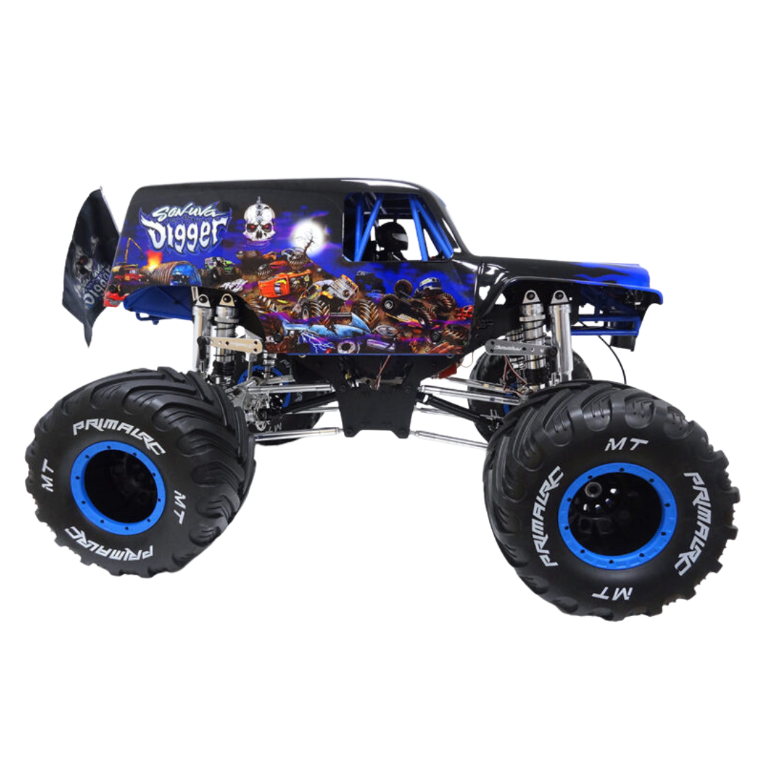 Monster truck with large wheels and colorful design on a white background