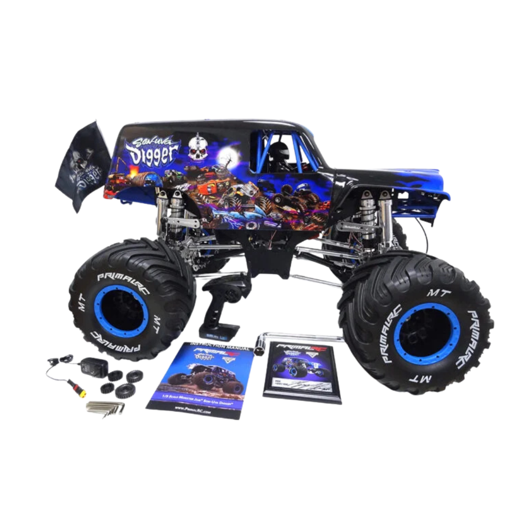 Monster truck model with large wheels and detailed design on a white background