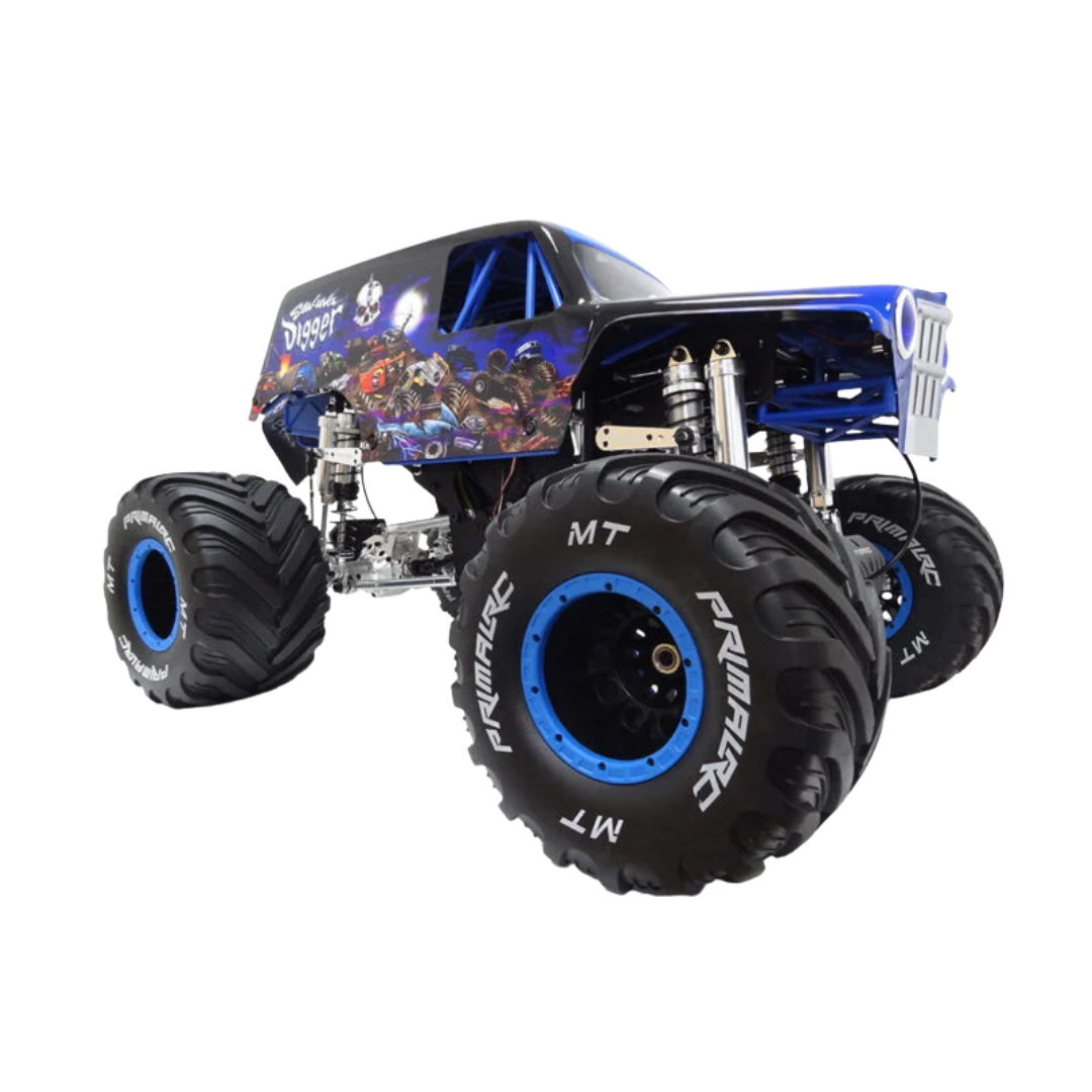 Monster truck model with large wheels and detailed design on a white background