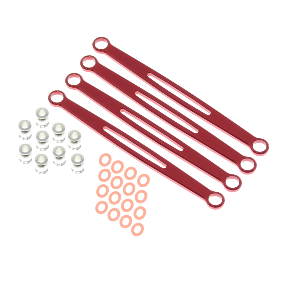 Red metal brackets and small components on a white background