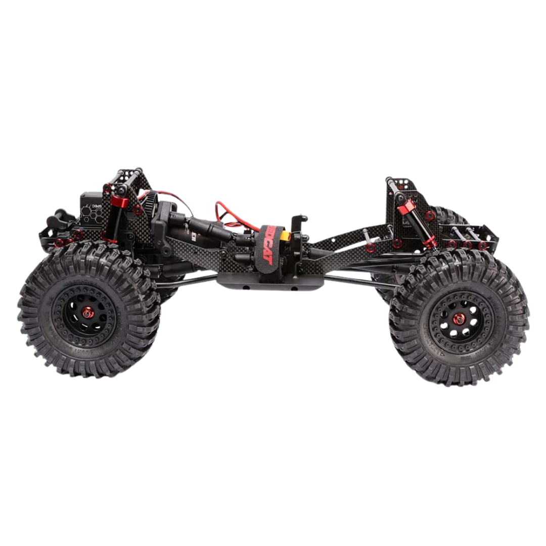 Black off-road vehicle chassis with large wheels on a white background