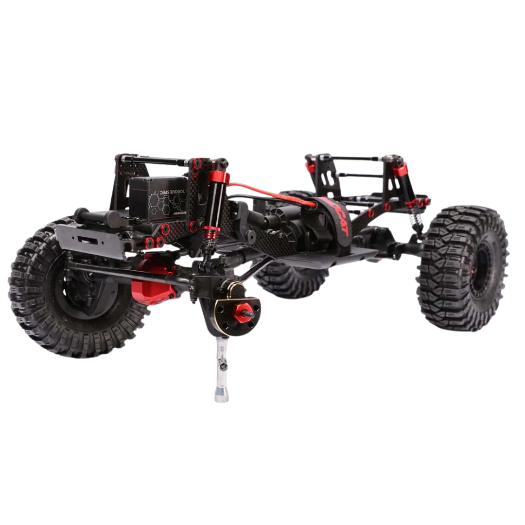 Black and red off-road vehicle chassis on a white background