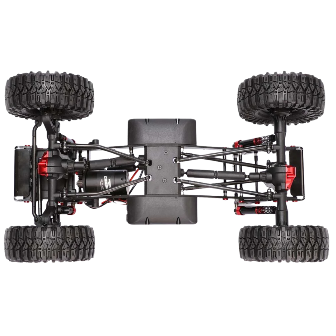 Top view of a four-wheeled vehicle chassis with large black tires on a white background