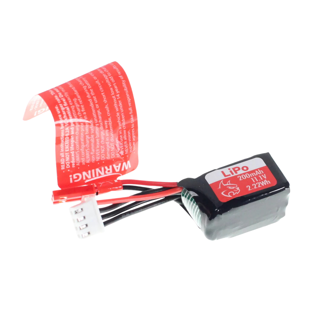 Small lithium polymer (LiPo) battery with warning label on a white background