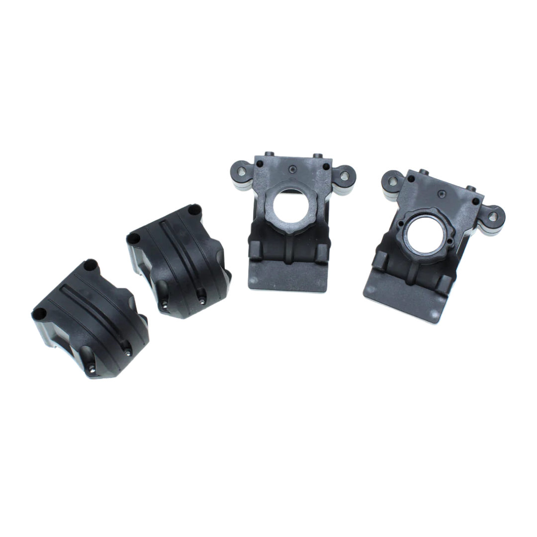 Four black mechanical parts on a white background