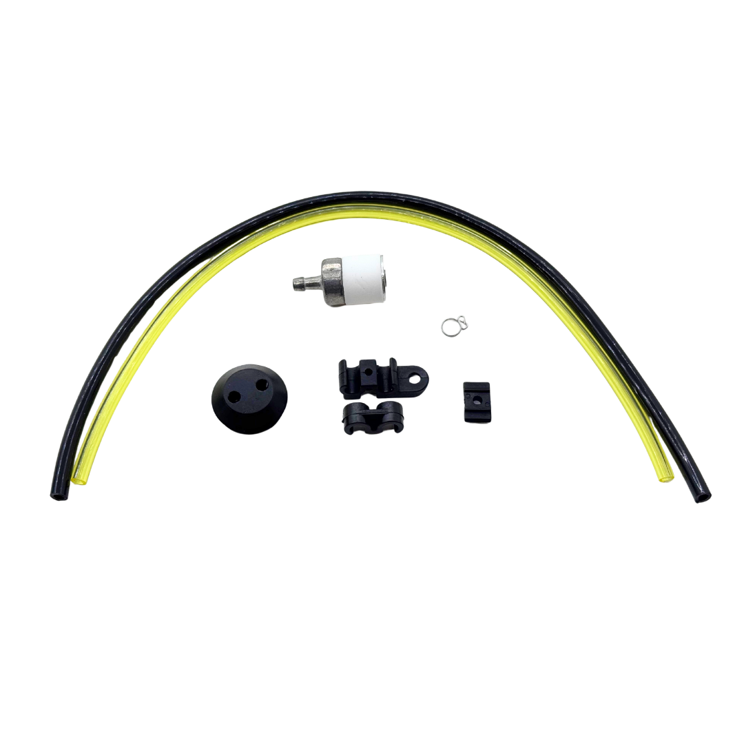 Set of mechanical parts including a black and yellow tube, connectors, and caps on a white background