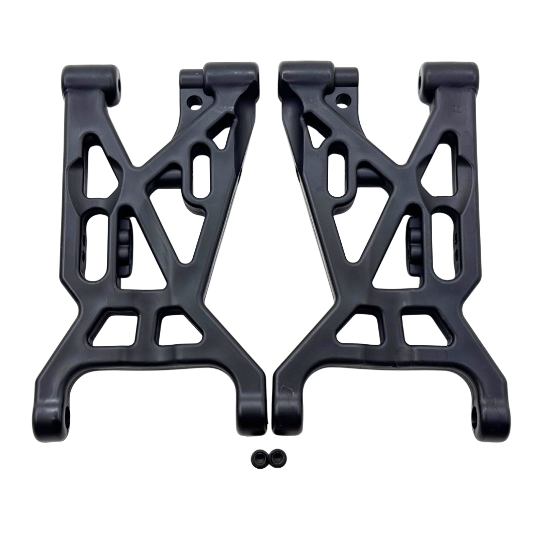 Two black plastic suspension links on a white background