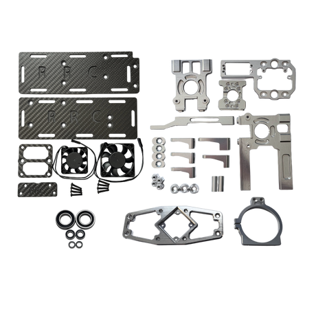 Collection of mechanical parts including carbon fiber plates, metal brackets, and gaskets on a white background.