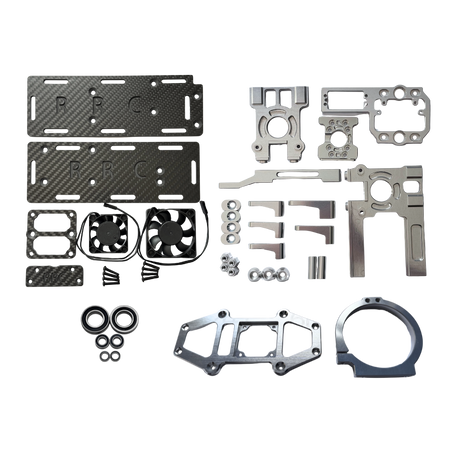 Collection of metal components and parts on a white background