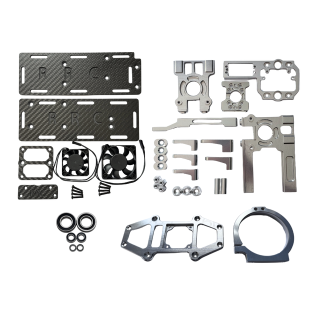 Collection of metal components and parts on a white background