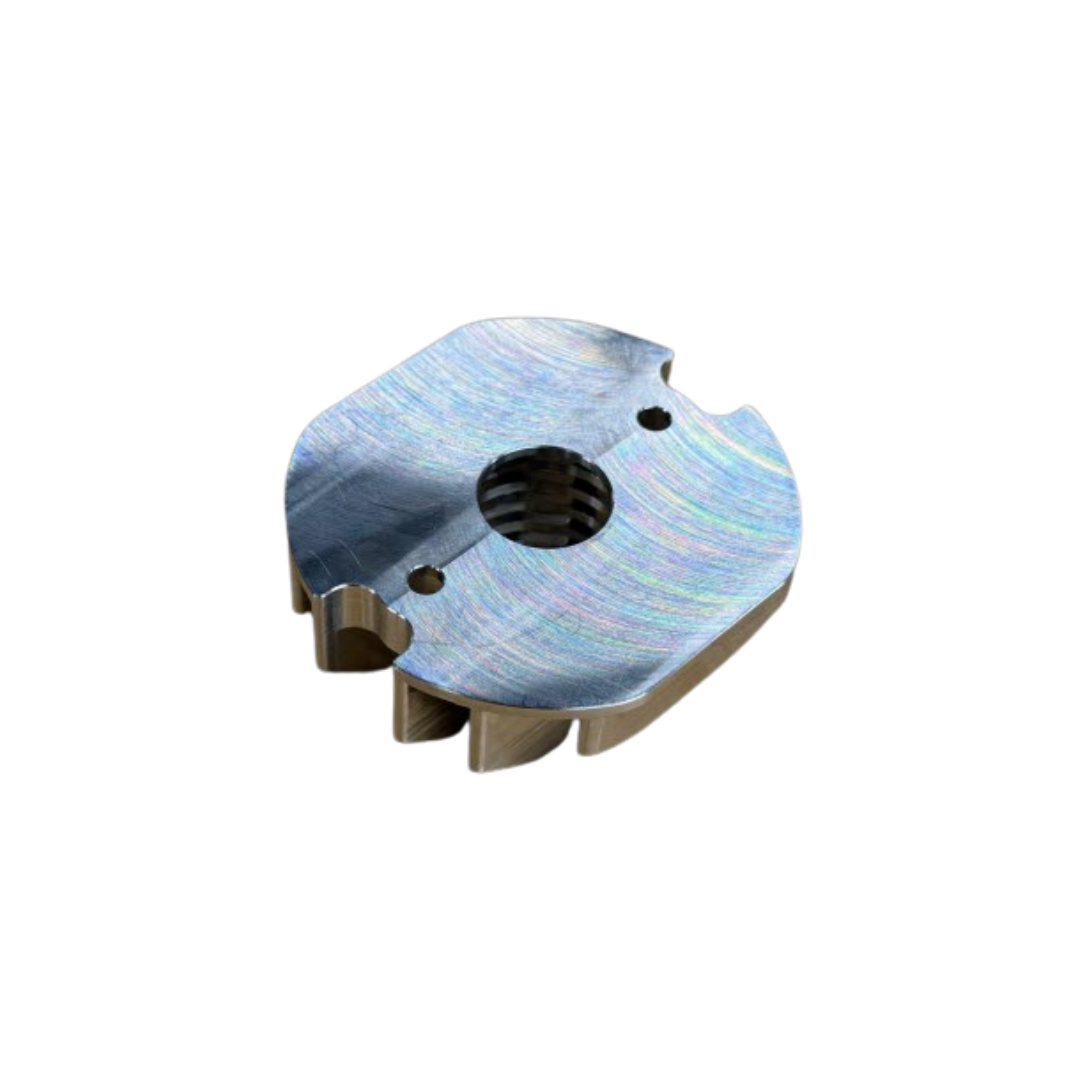 Underside of the RV-Racing RVCH aluminium cooling head showing the flat mounting face and bolt holes