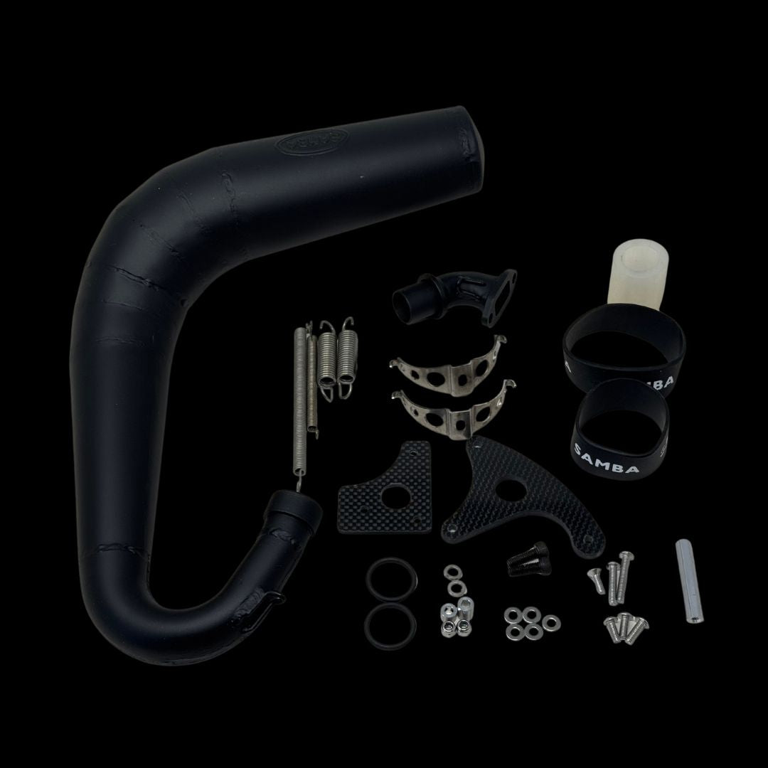 Black MCD silenced Exhaust system and mounts on a black background