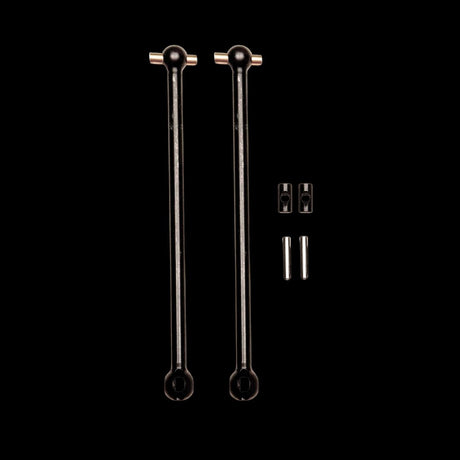 Two black metal CVD shafts with mounting hardware for a remote control vehicle.