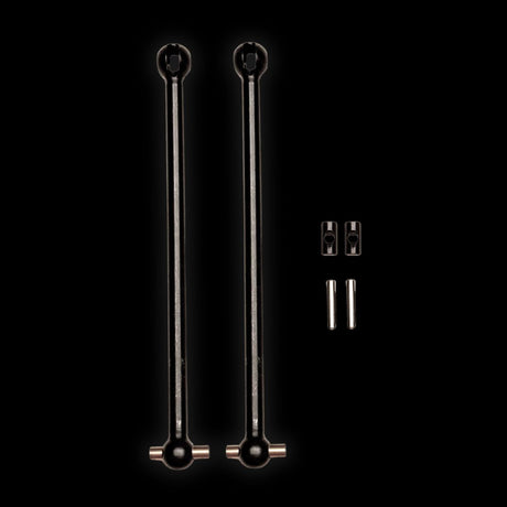 Two black metal drive shafts with connecting rods and hardware for a remote control toy.