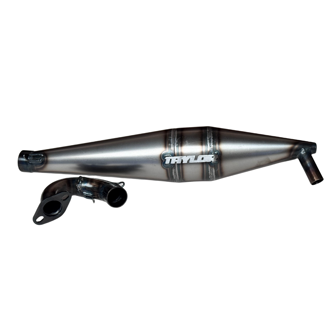 Top view of Taylor 40-50cc Vesla side exhaust pipe with manifold