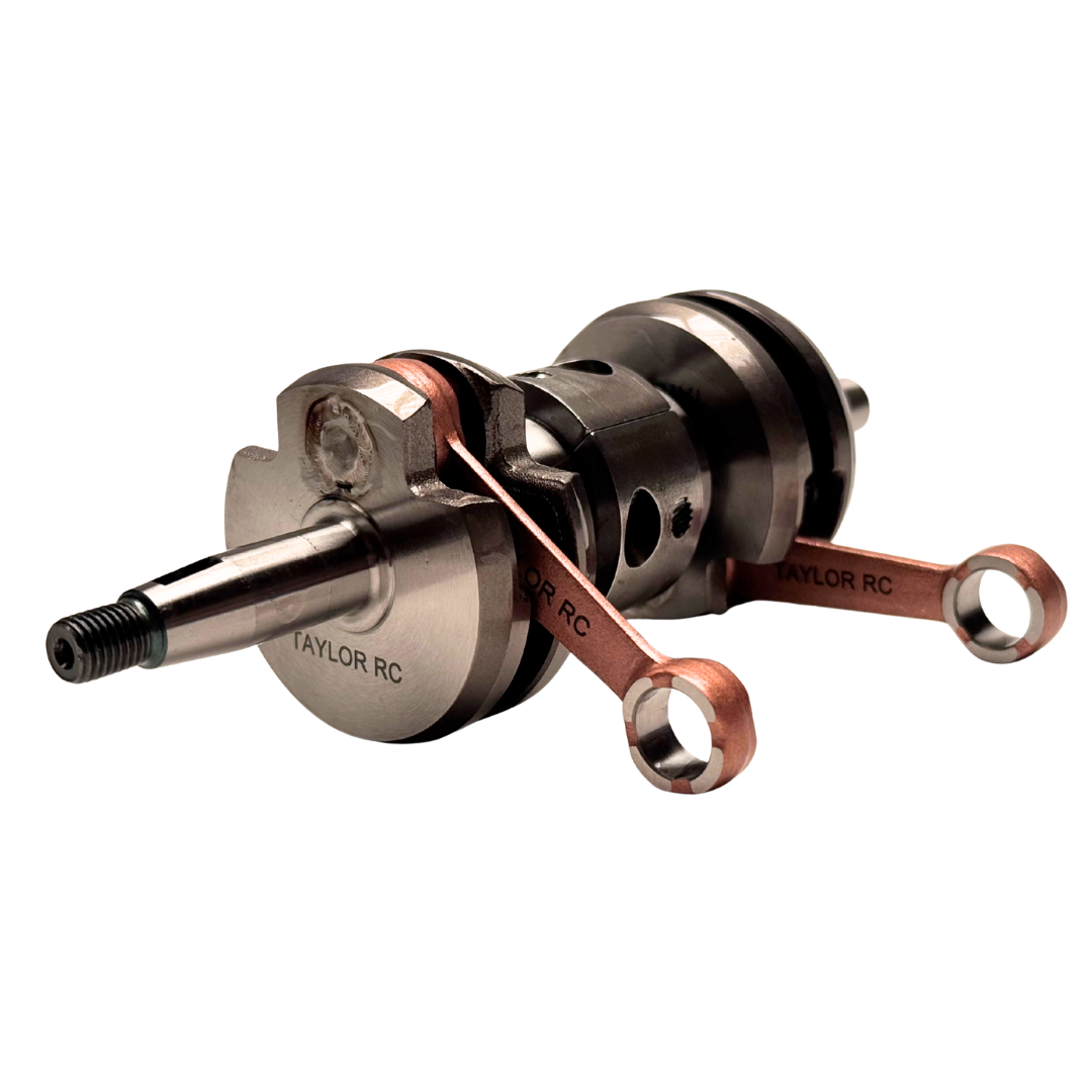 Alternate angled view of the Taylor 70cc piston port twin cylinder crankshaft showing the twin copper connecting rods and TAYLOR RC engraved crank webs