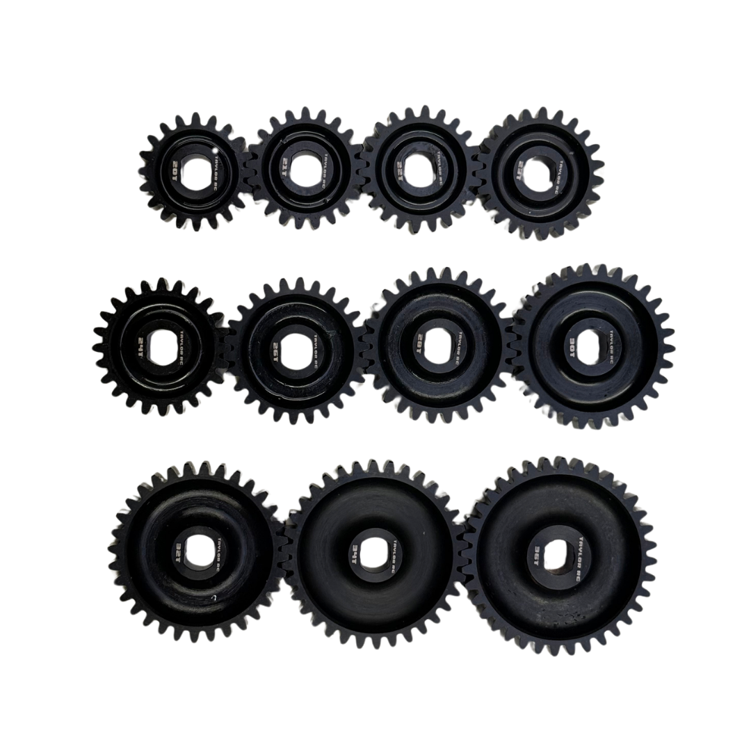 Taylor RC Blackbone pinion gears for Losi 5ive, 5T 2.0 and MCD, full set from 20T to 36T in black, laid out in three rows