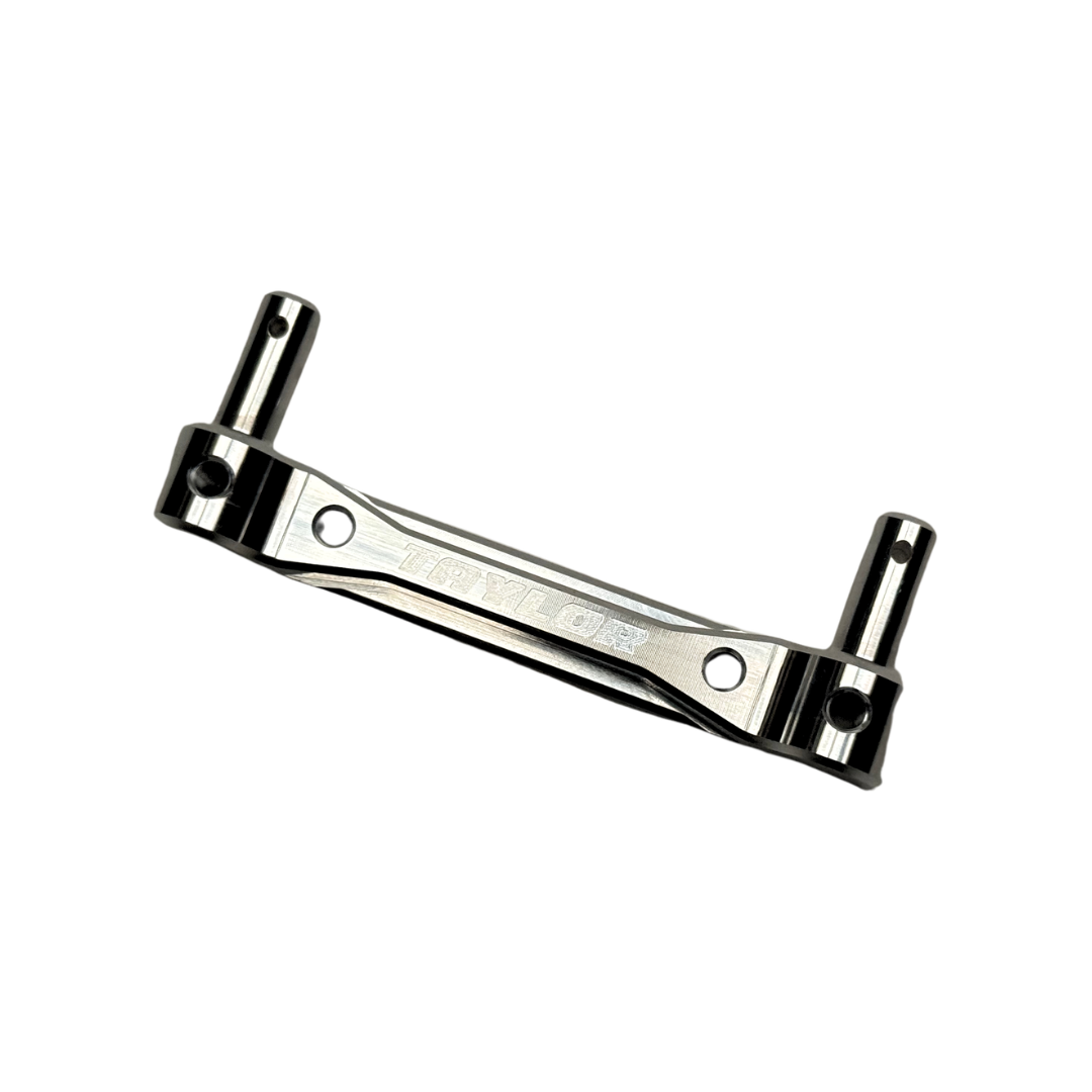 Taylor Losi 5T, 5IVE 2.0 and 5IVE-TG 3.0 billet rear body mount in raw silver, with engraved Taylor logo and two body mount posts