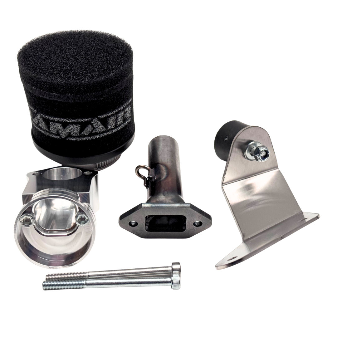 Set of parts including a black air filter, metal brackets, and bolts on a white background.