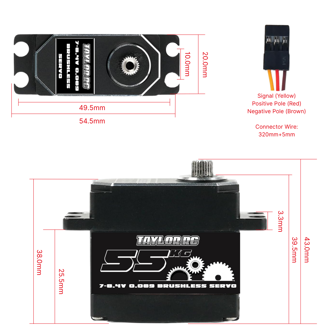 Taylor RC servo motor with dimensions and wiring diagram on a white background