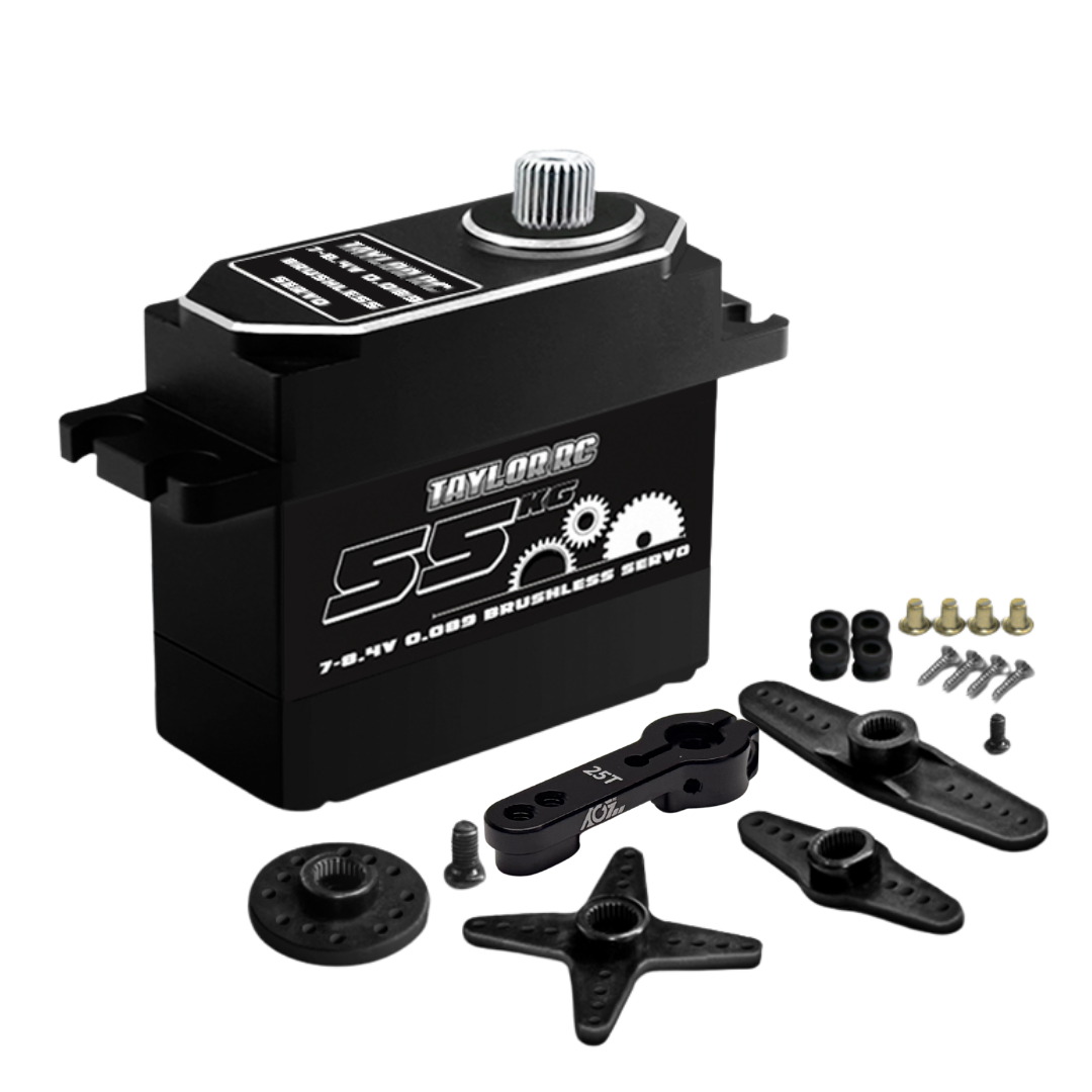 Taylor RC servo motor with additional parts on a white background