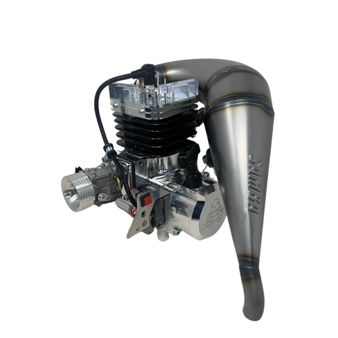 Engine with a prominent exhaust pipe on a white background