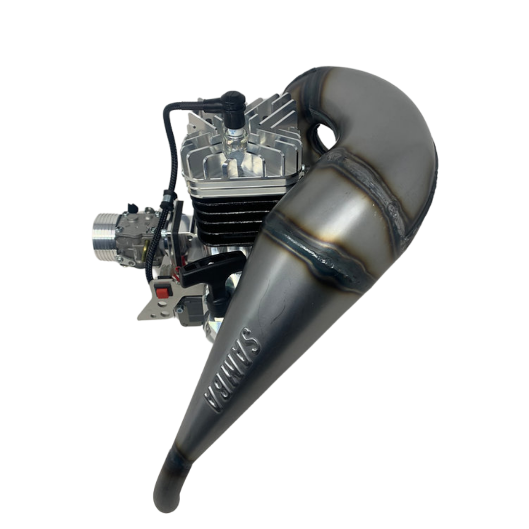 Motorcycle engine with a prominent exhaust pipe on a white background