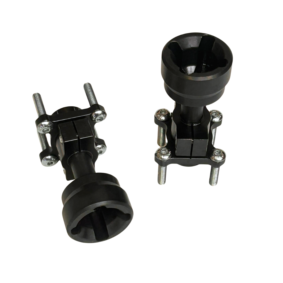 Two black metal mounting brackets with silver screws, shown on a plain white background.