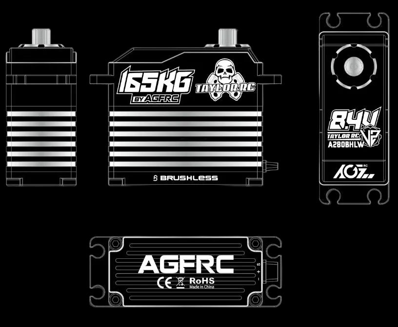 Black and white technical line drawings of an AGFRC 165kg brushless RC car motor, showing multiple angles including top, side, and rear views on a dark gray background.