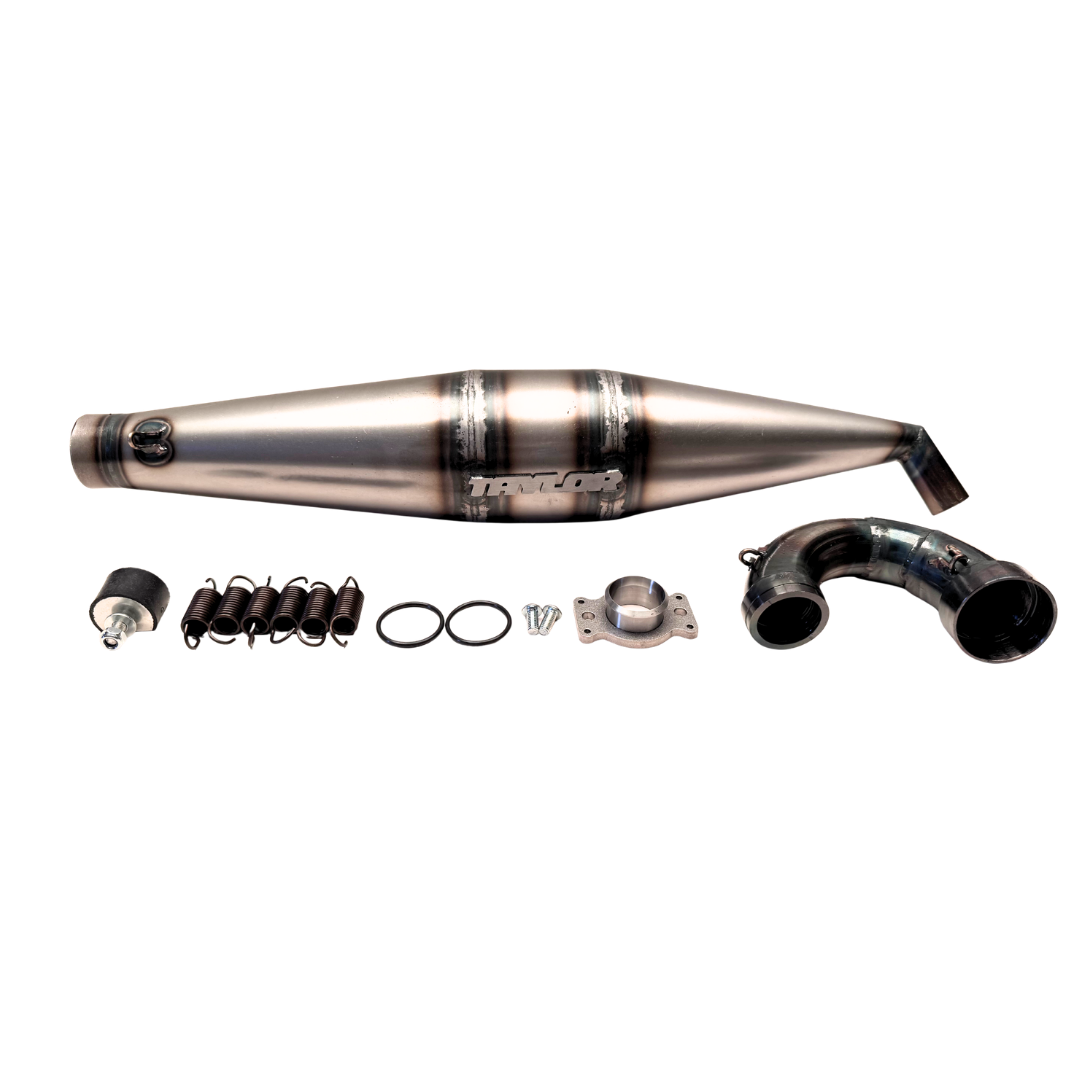 Exhaust system components on a white background