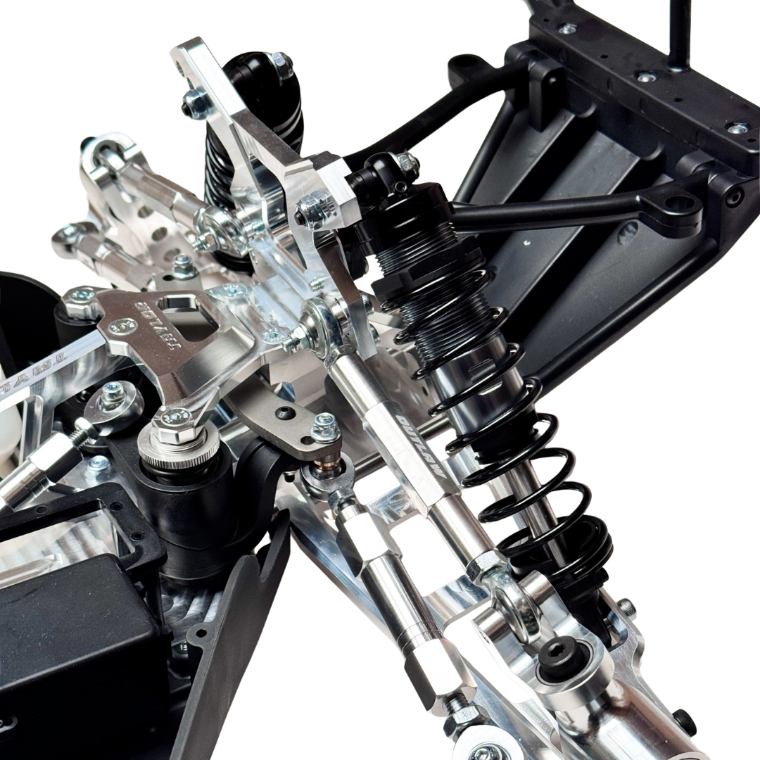 Taylor RC Complete Outlaw V4 Billet Hybrid Slider, close-up of the front suspension linkages, shocks, and drivetrain components