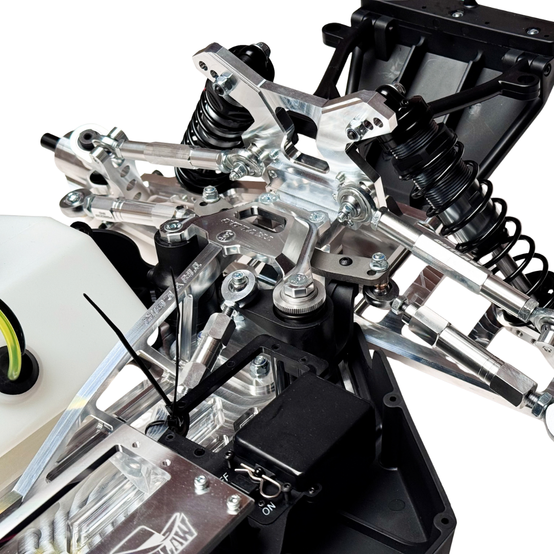 Taylor RC Complete Outlaw V4 Billet Hybrid Slider, close-up of the front suspension, steering linkages, and fuel tank