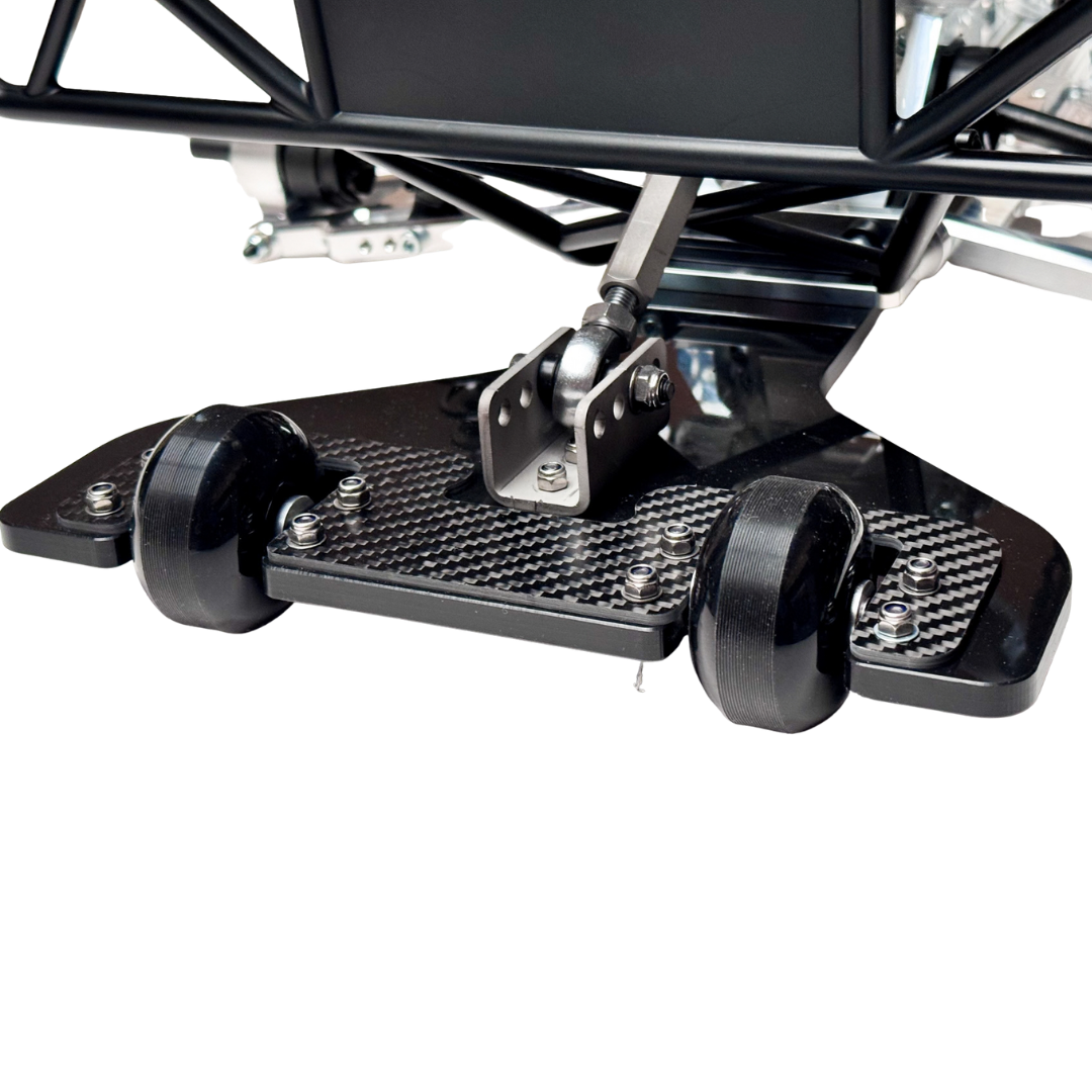 Taylor RC Complete Outlaw V4 Billet Hybrid Slider, close-up of the rear wheelie bar and carbon skid wheels